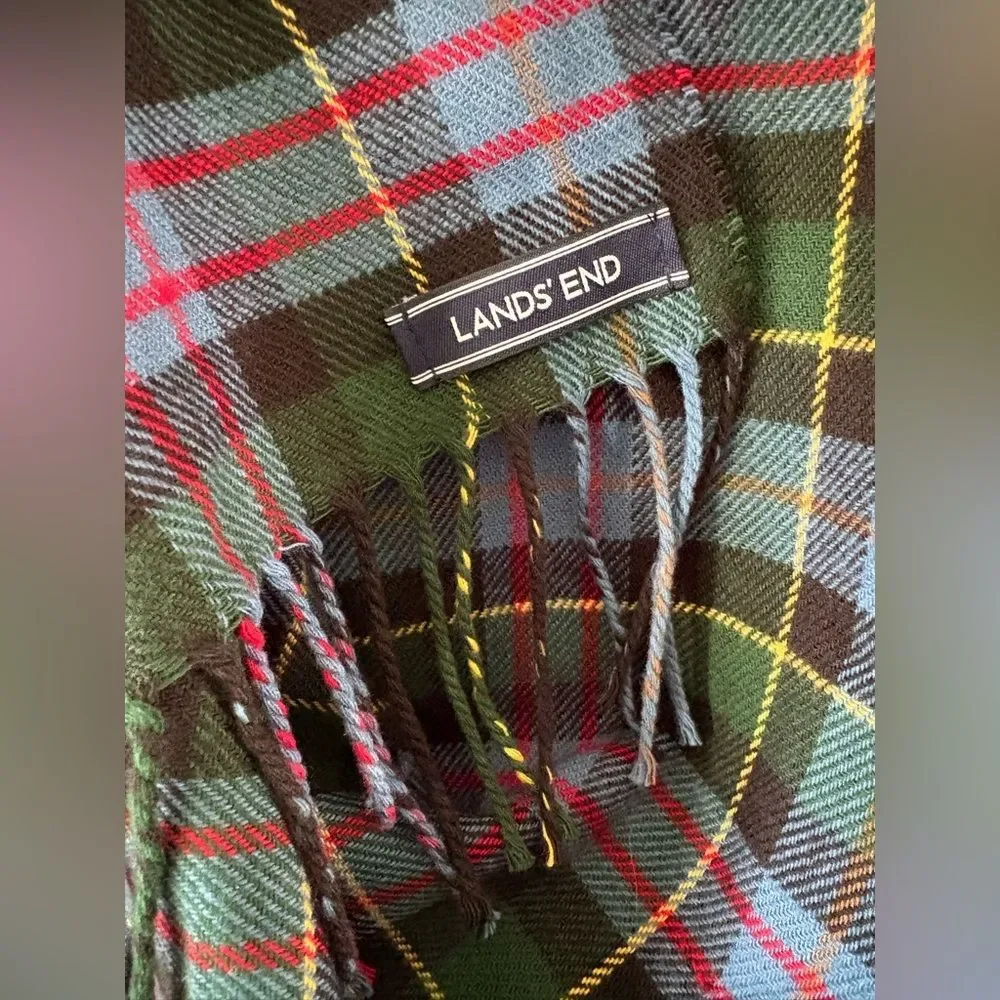 Lands End Tartan Plaid Fringe Scarf Blue Green Black